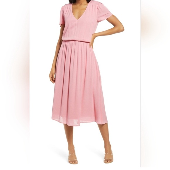 WAYF Blouson Midi Dress V Neck Crepe Short Flutter Sleeve Pink Medium Spring - Picture 1 of 11